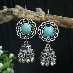 DON T MISS LAST PAIR SILVER TURQUOISE  BELL DROPDANGLE UNIQUE EARRINGS